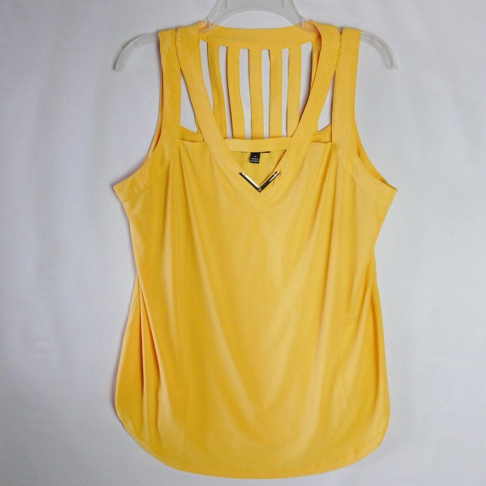 AUW Womens Size XL Canary Yellow Cut Out Top Rounded Sleveless Blouse RE… - Picture 2 of 14